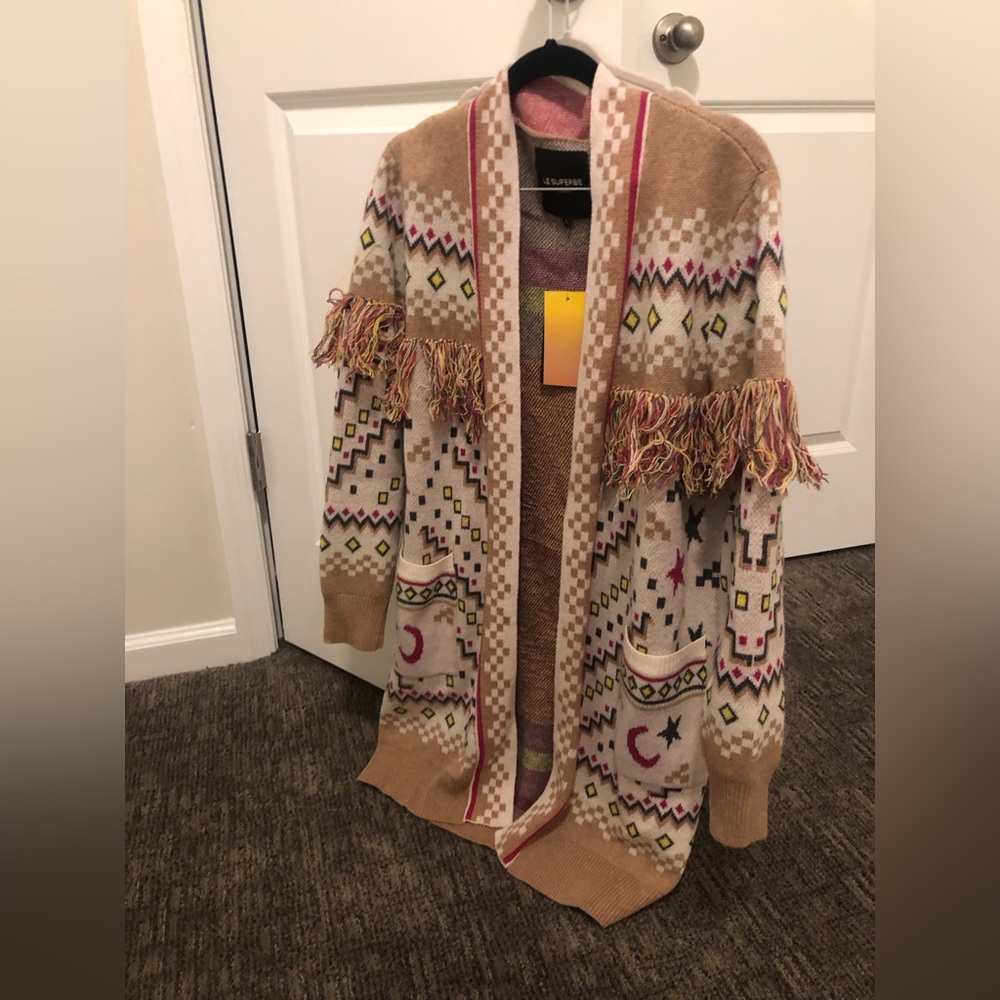 NWT Le Superbe Cardigan Sweater With Belt Astrology Print